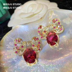 Diamanté Bowknot Sparkle Studded Ruby Gold Earrings DeepPink