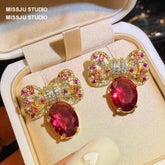 Diamanté Bowknot Sparkle Studded Ruby Gold Earrings DeepPink