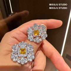 Diamante Halo Spiked Canary Yellow Round Floral Deco Earrings Yellow