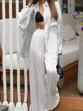 Diamond Pattern Long Sleeve Top and Pants Two-Piece Set White / S