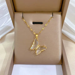 DIEYURO 316L Stainless Steel Butterfly Crystal Pendant Necklace For Women Girl New Trend Luxury Neck Chain Jewelry Gift Party N2162