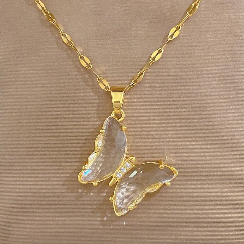 DIEYURO 316L Stainless Steel Butterfly Crystal Pendant Necklace For Women Girl New Trend Luxury Neck Chain Jewelry Gift Party N2162