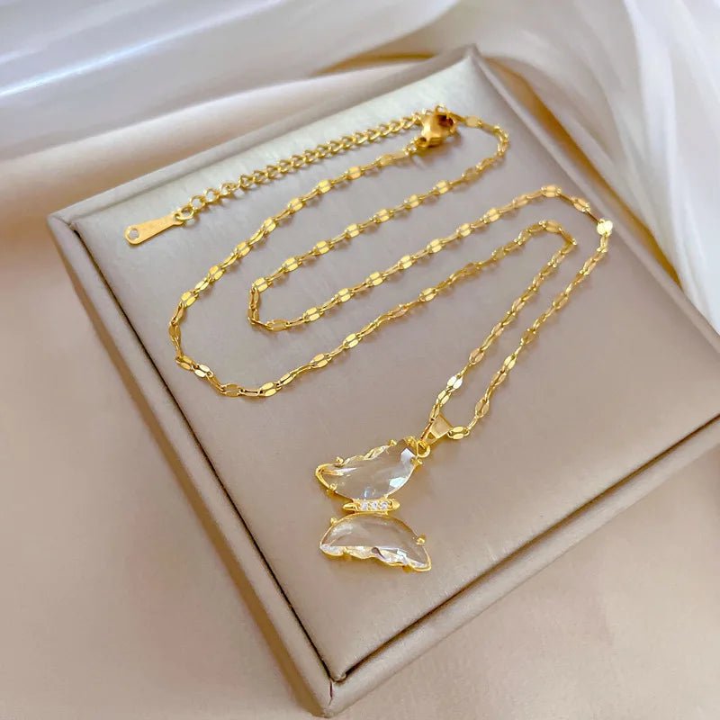 DIEYURO 316L Stainless Steel Butterfly Crystal Pendant Necklace For Women Girl New Trend Luxury Neck Chain Jewelry Gift Party N2162