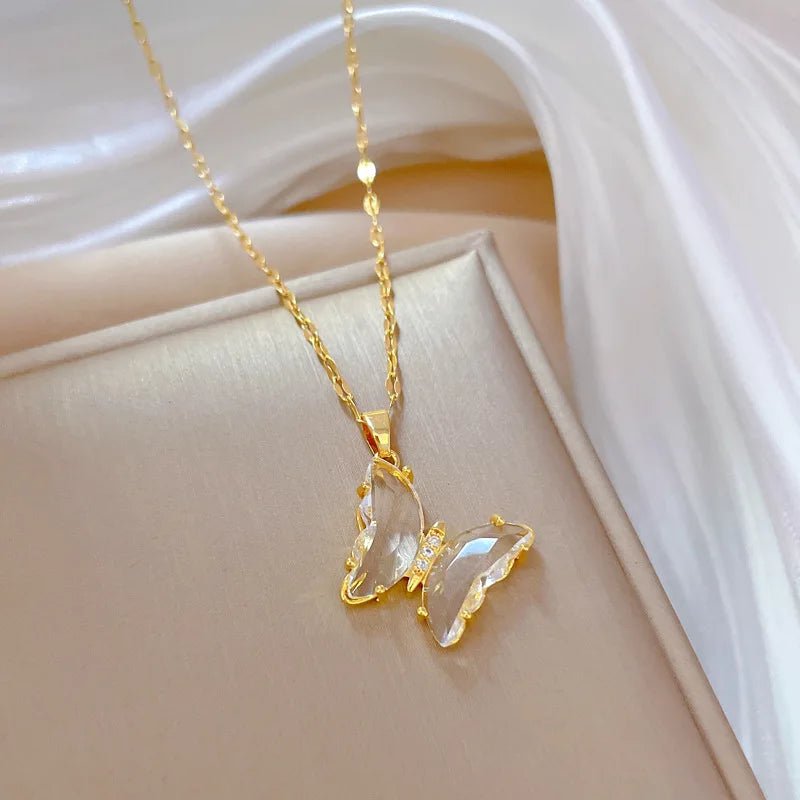 DIEYURO 316L Stainless Steel Butterfly Crystal Pendant Necklace For Women Girl New Trend Luxury Neck Chain Jewelry Gift Party N2162