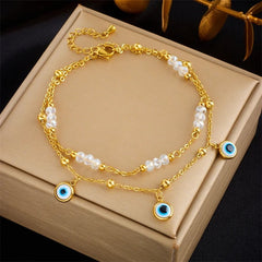 DIEYURO 316L Stainless Steel Double Layer Eyes Anklet For Women Girl New Trend Feet Wrist Chains Non-fading Jewelry Gift Party B896