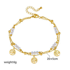 DIEYURO 316L Stainless Steel Gold Color Double Layer Tree Charm Anklets For Women Girl New Trend Leg Chain Waterproof Jewelry B1007