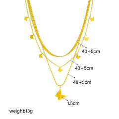 DIEYURO 316L Stainless Steel Gold Color Multilayer Butterfly Pendant Necklace For Women Fashion 3in1 Neck Chains Jewelry Gifts N2082