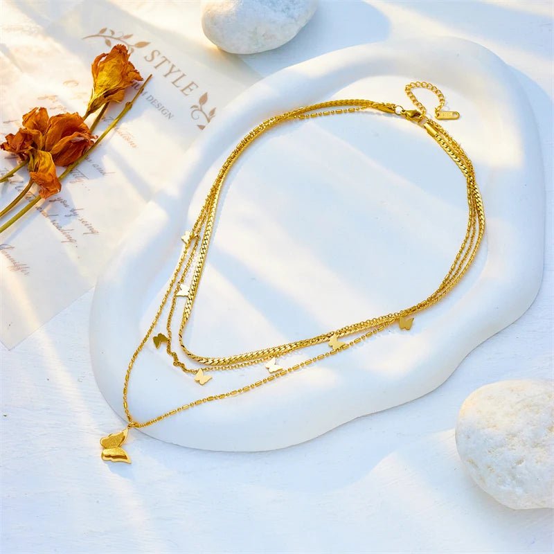 DIEYURO 316L Stainless Steel Gold Color Multilayer Butterfly Pendant Necklace For Women Fashion 3in1 Neck Chains Jewelry Gifts N2082