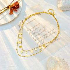 DIEYURO 316L Stainless Steel Gold Color Oval Pendant Necklace For Women New Trend Girls Multilayer 2in1 Chain Jewelry Gifts N1932