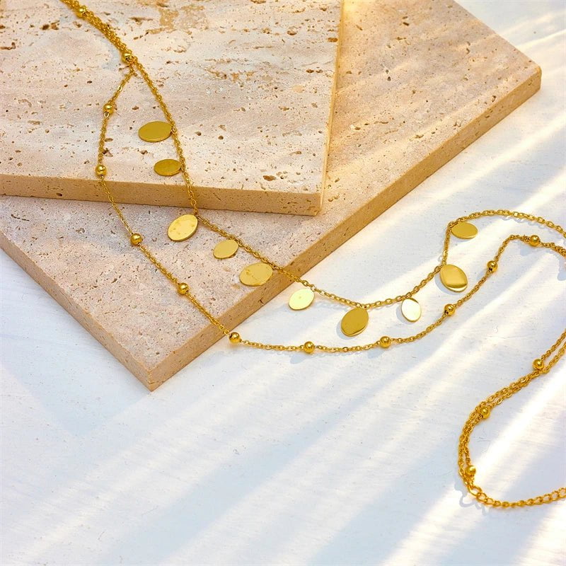 DIEYURO 316L Stainless Steel Gold Color Oval Pendant Necklace For Women New Trend Girls Multilayer 2in1 Chain Jewelry Gifts N1932