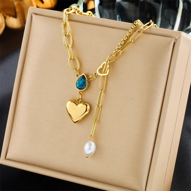 DIEYURO 316L Stainless Steel Heart Pendant Necklace For Women Girl New Trend Blue Crystal Pearl Choker Chain Jewelry Gift Party N2260
