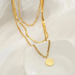 DIEYURO 316L Stainless Steel Three-tiered Round Brand Pendant Necklace Female Fashion Retro Thick Chain Punk Style Party Gift N929 / 45cm