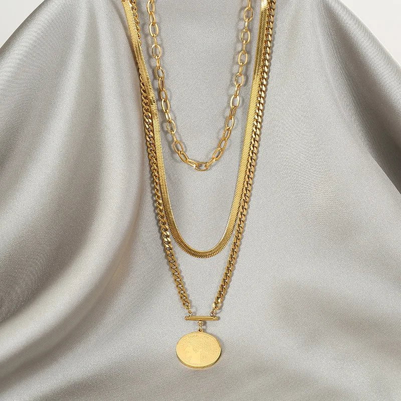 DIEYURO 316L Stainless Steel Three-tiered Round Brand Pendant Necklace Female Fashion Retro Thick Chain Punk Style Party Gift N929 / 45cm