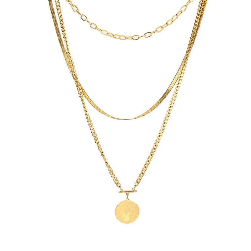 DIEYURO 316L Stainless Steel Three-tiered Round Brand Pendant Necklace Female Fashion Retro Thick Chain Punk Style Party Gift N929 / 45cm