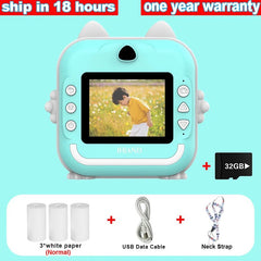 Digital children's camera with instant print photo and mini thermal printer 32G Blue