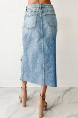 Distressed Asymmetrical Denim Skirt with Frayed Hem
