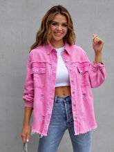 Distressed Drop Shoulder Denim Jacket Fuchsia Pink / S