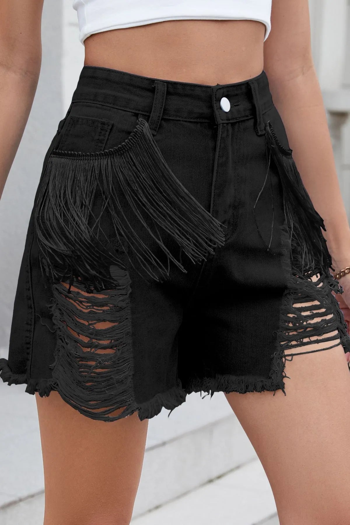 Distressed Fringe Denim Shorts