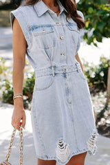 Distressed Half Button Cap Sleeve Denim Dress Light / S