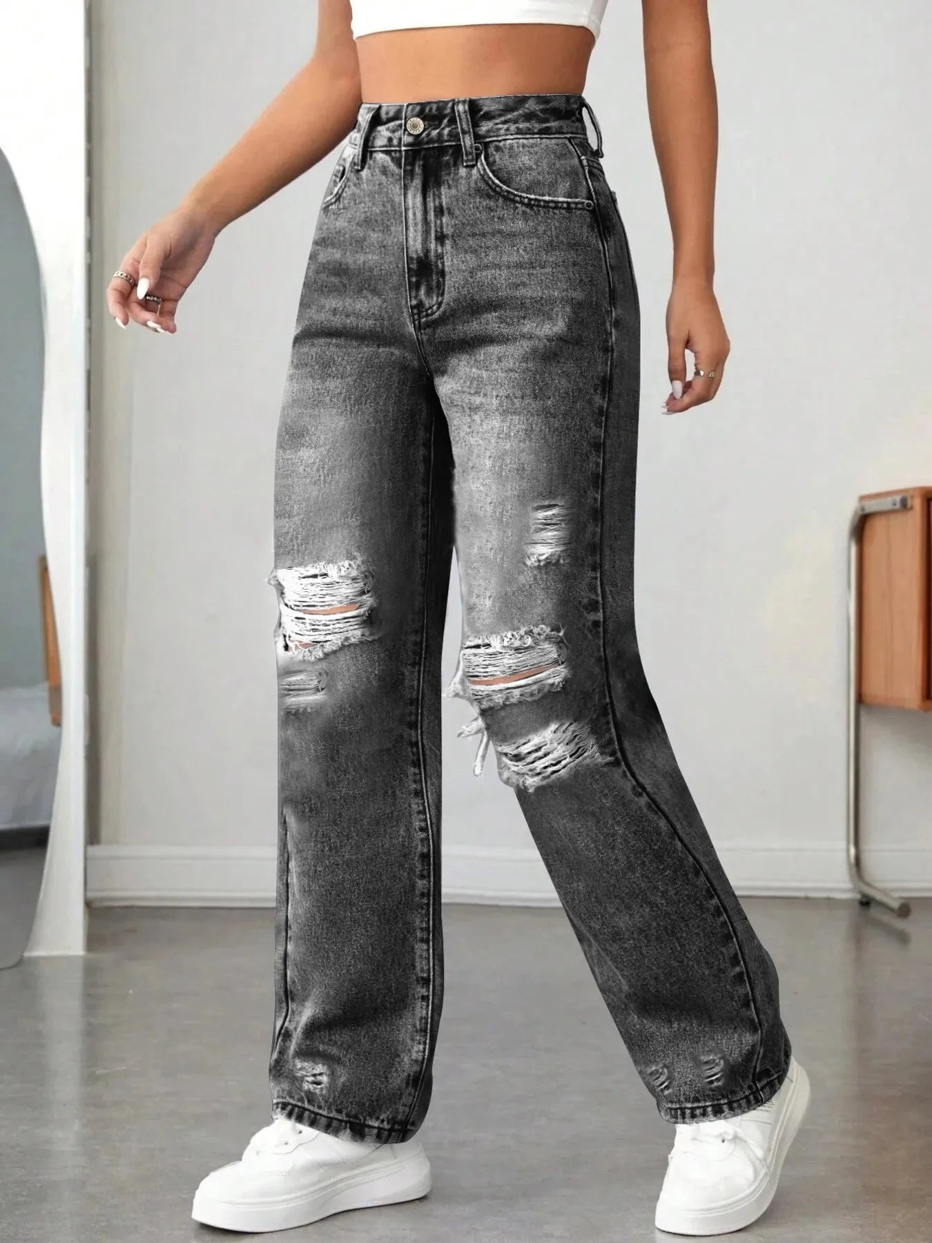 Distressed High Waisted Jeans Black / XS