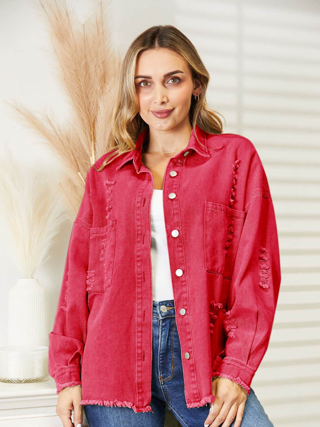Distressed Raw Hem Denim Jacket Hot Pink / S