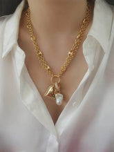 Double Chain Heart Shaped Pendant Baroque Pearl Accent Necklace Gold / Necklace