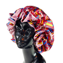 Double-Layer Women's Satin Bonnet Cap for Hair Extensions, Wigs, and Sleep Protection - Stylish Hair Wrap Accessory Red print