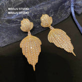 Double Leaf Paved Crystals Statement Dangle Earrings White
