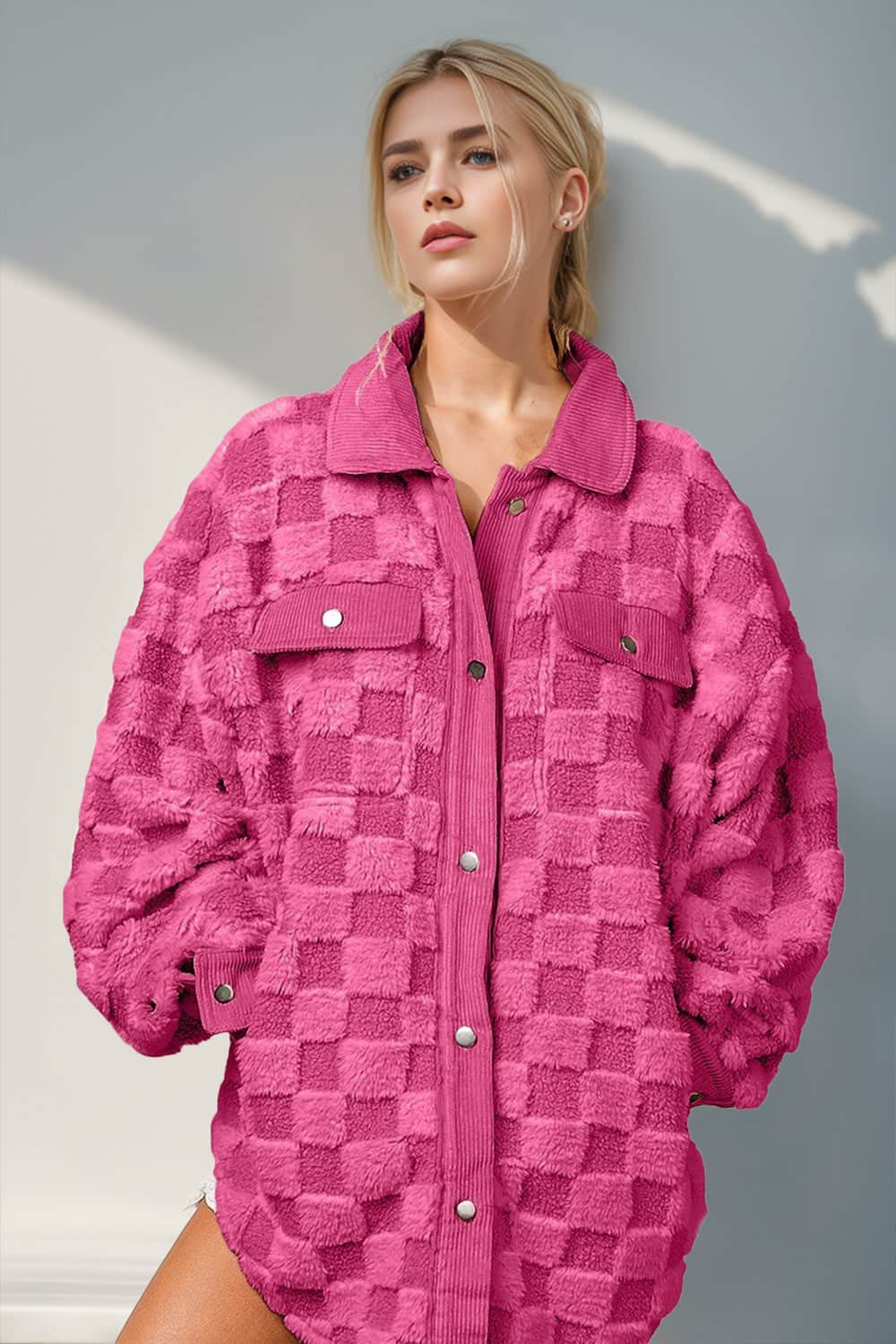 Double Take Button Up Fuzzy Checkered Shacket Hot Pink / S