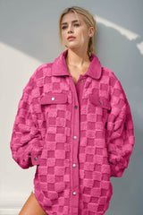 Double Take Button Up Fuzzy Checkered Shacket Hot Pink / S