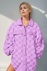 Double Take Button Up Fuzzy Checkered Shacket Lilac / 2XL