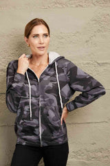 Double Take Camouflage Drawstring Detail Zip Up Hooded Jacket Multicolor / S