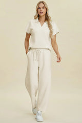 Double Take Full Size Collared Neck Short Sleeve Top and Pants Set