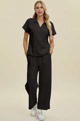 Double Take Full Size Collared Neck Short Sleeve Top and Pants Set Black / S