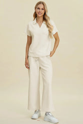 Double Take Full Size Collared Neck Short Sleeve Top and Pants Set Cream / S
