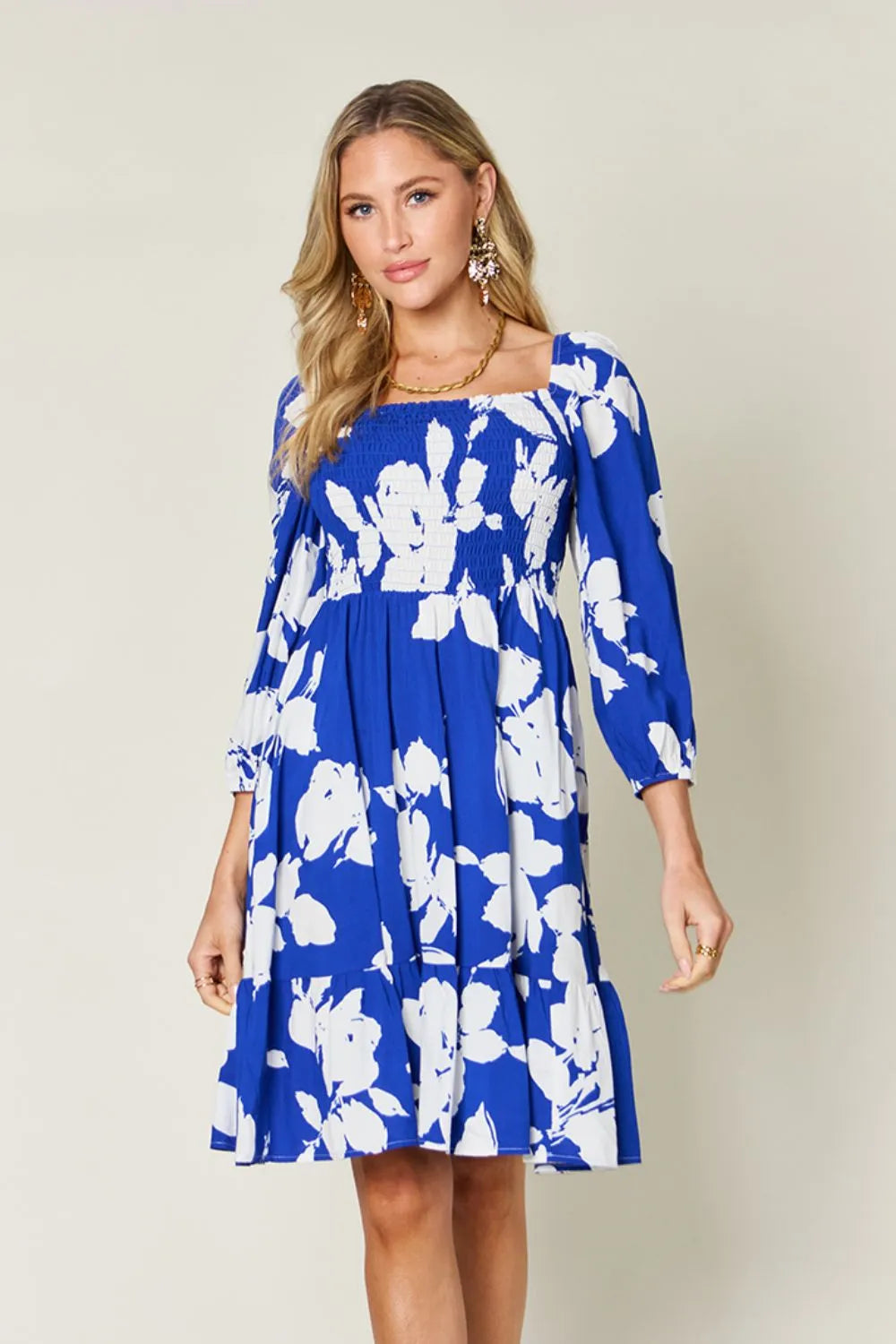 Double Take Full Size Floral Ruffle Hem Smocked Dress with Pockets Royal Blue / S
