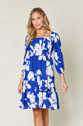 Double Take Full Size Floral Ruffle Hem Smocked Dress with Pockets Royal Blue / S