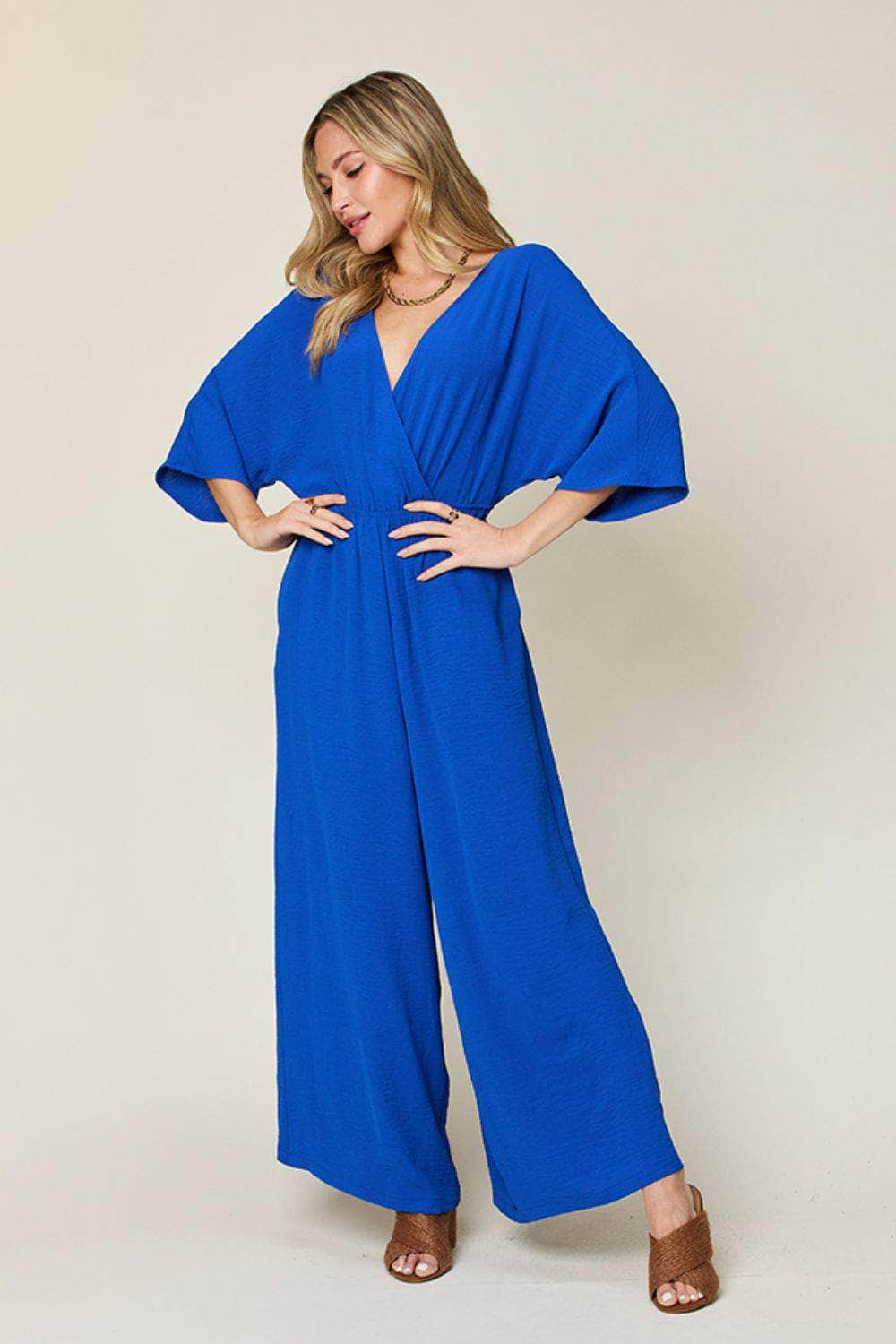 Double Take Full Size Half Sleeve Wide Leg Jumpsuit Royal Blue / S