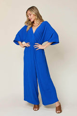 Double Take Full Size Half Sleeve Wide Leg Jumpsuit Royal Blue / S