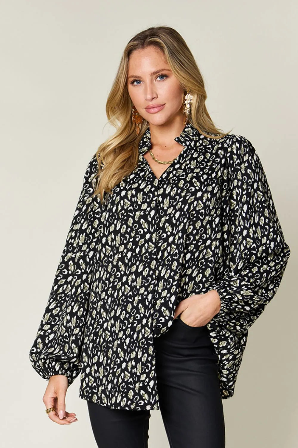 Double Take Full Size Leopard Long Sleeve Blouse Black / S
