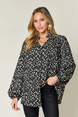 Double Take Full Size Leopard Long Sleeve Blouse Black / S