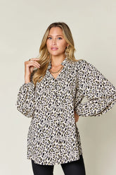 Double Take Full Size Leopard Long Sleeve Blouse White / S