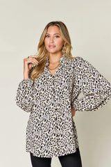 Double Take Full Size Leopard Long Sleeve Blouse White / S