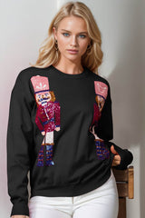 Double Take Full Size Nutcracker Sequin Long Sleeve Sweater Black / S/M
