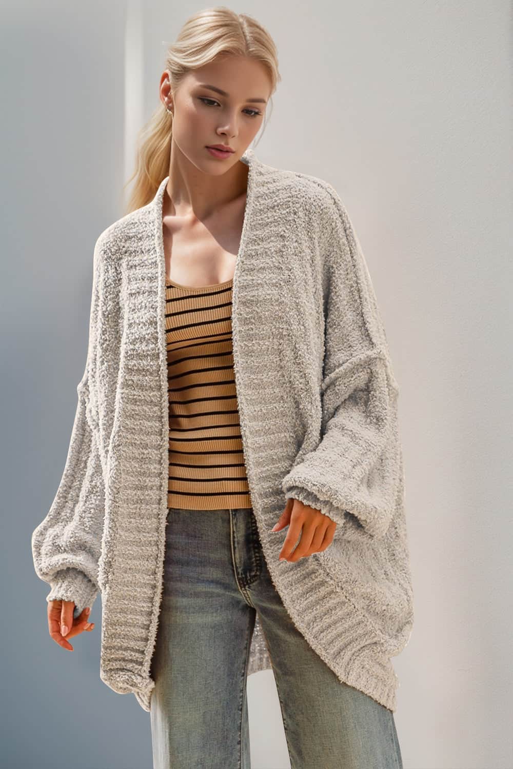 Double Take Full Size Open Front Long Sleeve Cardigan Gray / S/M