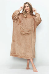 Double Take Full Size Pocketed Hooded Midi Lounge Dress Mocha / S/M