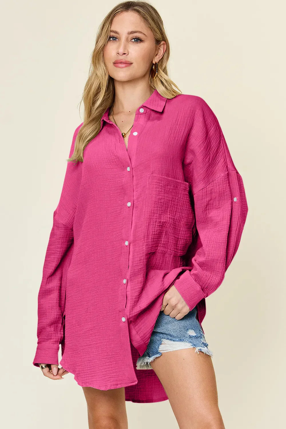 Double Take Full Size Pocketed Texture Button Up Shirt Hot Pink / S