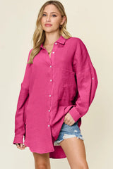 Double Take Full Size Pocketed Texture Button Up Shirt Hot Pink / S