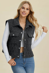 Double Take Full Size Pocketed Texture Snap Down Vest Coat Black / S