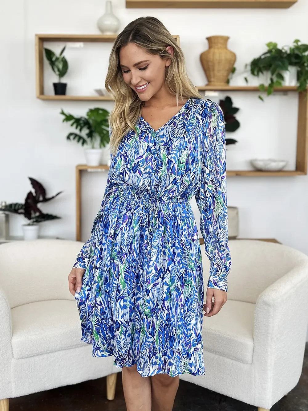 Double Take Full Size Printed Drawstring Waist Long Sleeve Dress